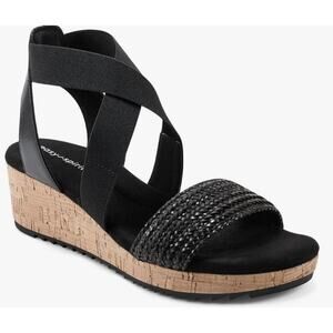 Easy Spirit Womens 8.5 Black leather Lorena 2 platform wedge slip on sandal NEW